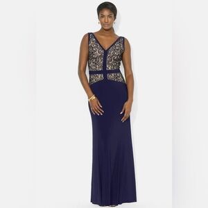 LAUREN RALPH LAUREN Lace and Jersey V Neck Maxi Gown Navy Blue Formal Evening 2